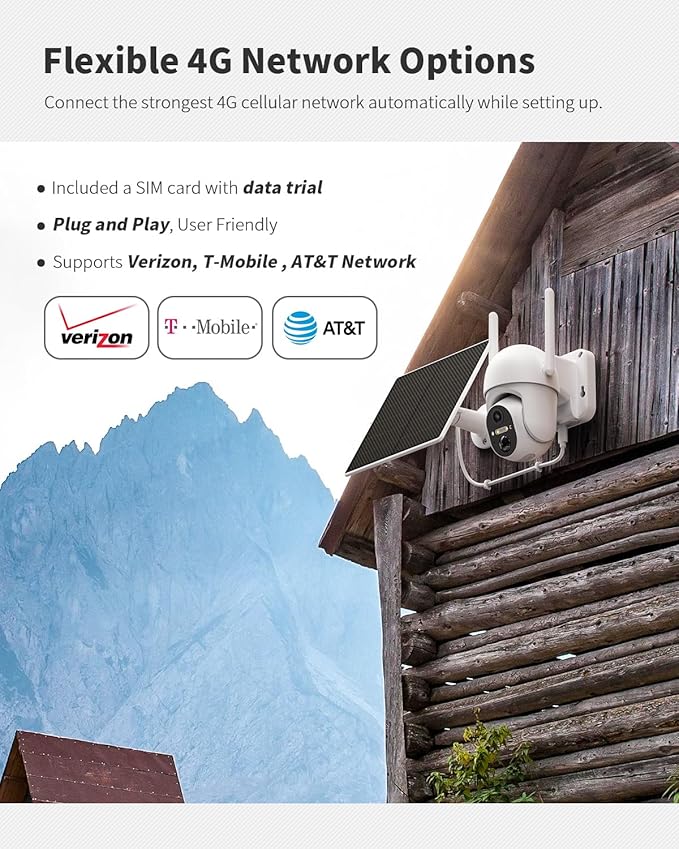 Ebitcam 4G LTE Cellular Security Camera Includes SIM Card(Support Verizon/AT&T/T-Mobile), 2K Solar Outdoor Cam Wireless Without WiFi Needed, 360° Live View, Color Night Vision