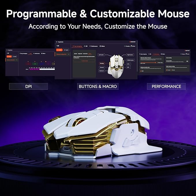EWEADN G5 Wireless Gaming mouse, 12800 Adjustable DPI Ergonomic Mouse with 6 RGB Backlit Modes, Rapid Fire Key, 9 Programmable Macro Buttons, Rechargeable Bluetooth Mouse for PC/Mac/Laptop - White