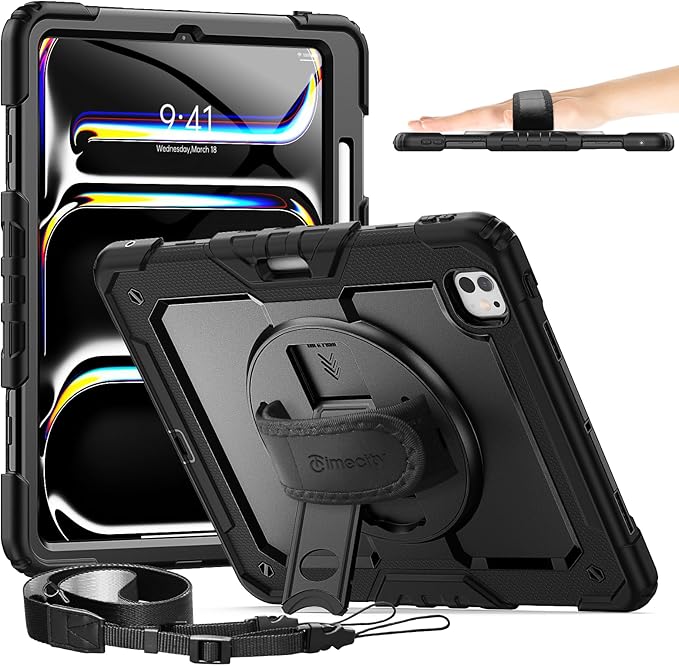 timecity Case for iPad Pro 13 Inch M5 2025 / M4 2024, 360° Rotating Stand, Pencil Holder & Wireless Charging, Shockproof with Screen Protector & Shoulder Strap - for Designers & Professionals, Black