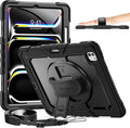 timecity Case for iPad Pro 13 Inch M5 2025 / M4 2024, 360° Rotating Stand, Pencil Holder & Wireless Charging, Shockproof with Screen Protector & Shoulder Strap - for Designers & Professionals, Black