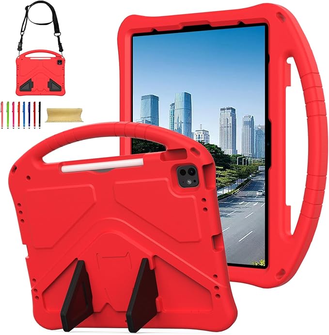 Kids Case for Apple iPad Air 13 M4 M3 M2 2026 2025 2024/ iPad Pro 13 M5 M4 2025 2024/ Pro 12.9" 2022/2021/2020/2018, EVA Shockproof Handle Kickstand Lightweight Cover with Shoulder Strap, Red