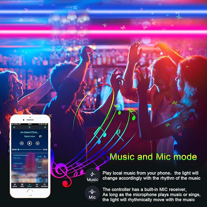Micomlan 50ft/15M Led Strip Lights, Music Sync Color Changing RGB LED Strip Lights Built-in Mic, Bluetooth app Controlled Rope Lighting for Home Decoration Living Room Kitchen