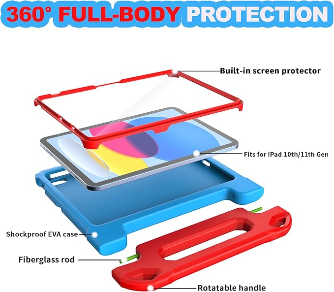 YIHE Kids Case for iPad (A16) 11th Generation 11 Inch 2025 & iPad 10th Generation 10.9 inch 2022, with Built-in Screen Protector and Handle Stand, Full Body Shockproof Protective Cover, BlueRed