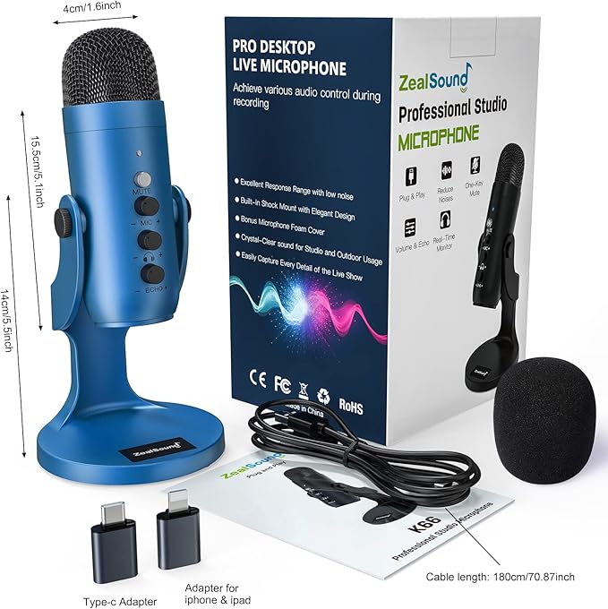 ZealSound Podcast Microphone for PC, Noise Cancellation USB Mic with Gain, Volume Adjustment & Mute Button, Monitoring & Echo, for YouTube, TikTok, Podcasting, Streaming, iPhone, iPad, Android(Blue)