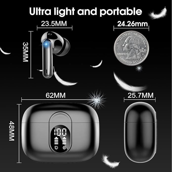 Csasan Wireless Earbuds Bluetooth 5.3 Headphones, 40H Playtime in-Ear Earphones, Mini Bluetooth Earbuds with ENC Noise Cancelling Mic, Deep Bass Stereo Ear Buds, LED Display, IPX7 Waterproof Earphones