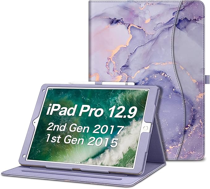 Fintie Multi-Angle Case, 2017/2015 iPad Pro 12.9 inch (Old Model) 1st & 2nd Gen Case - [Corner Protection] Folio Stand Cover with Pencil Holder & Pocket, Auto Wake/Sleep, Lilac Marble