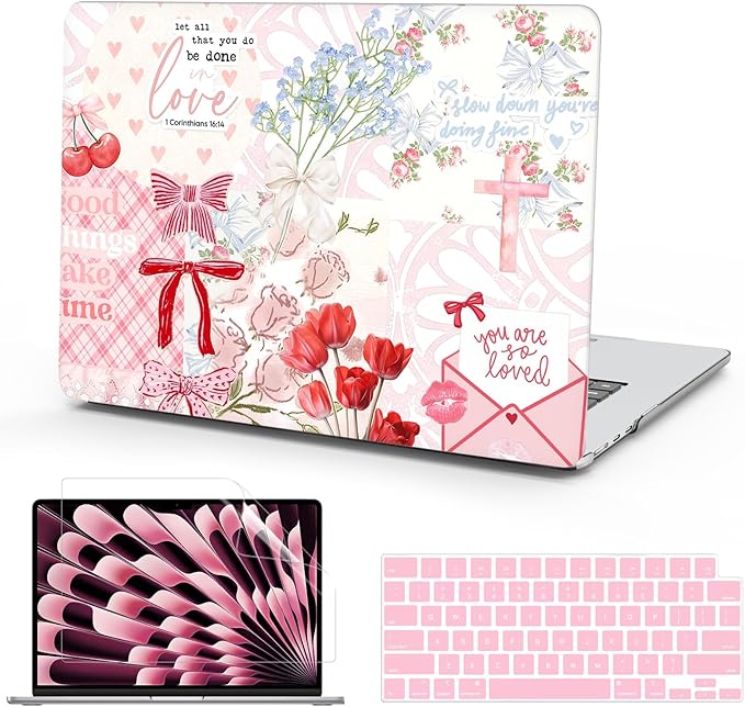 B BELK Compatible with MacBook Air 13 inch Case M5 2026-2022 M4 M3 M2 A3449 A3240 A3113 A2681, Plastic Hard Shell+Keyboard Cover+Screen Skin for MacBook Air 13.6 inch Case, Love Faith Pink Collage