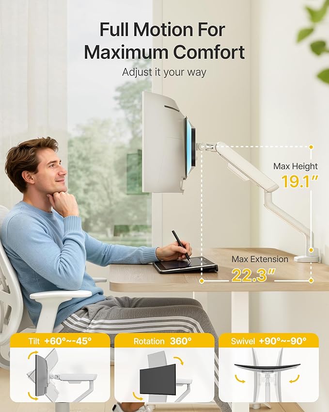 monTEK Single Monitor Arm, Mechanical Spring Monitor Arm for 17-40" Ultrawide Screens, Adjustable Monitor Desk Mount Holds up to 26.4 lbs with C Clamp/Grommet Desk Mount, VESA 75/100mm