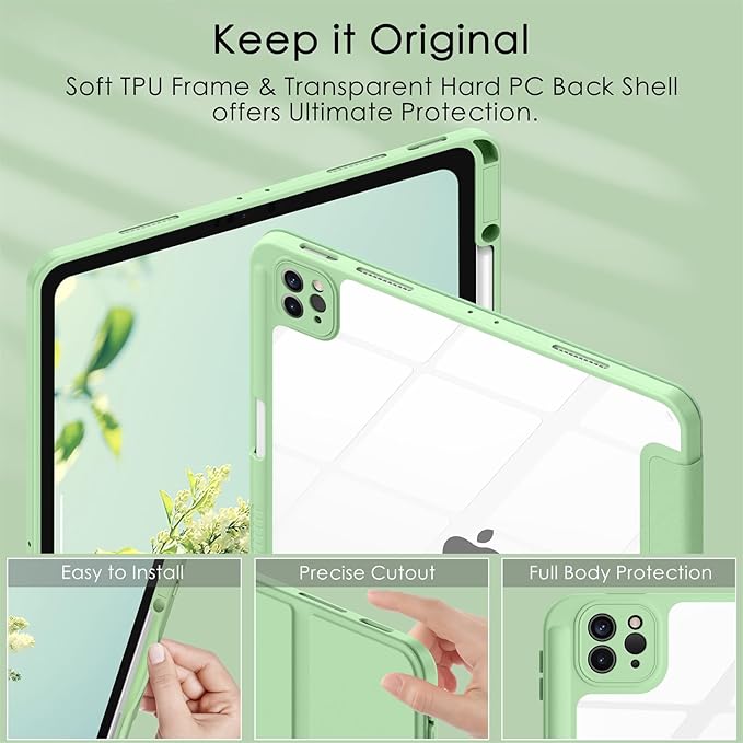 Soke Case for iPad Pro 12.9 Inch (6th/5th/4th/3rd Generation, 2022/2021/2020/2018) - Pencil Holder + Auto Sleep/Wake + Camera Protection, Transparent Shockproof Back Cover,Matcha Green