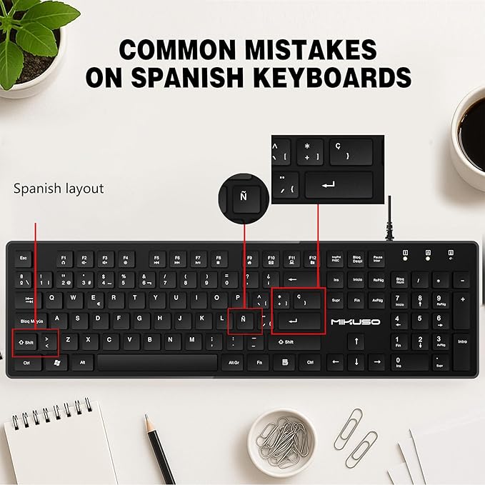 Spanish Keyboard USB Wired - 105 Keys QWERTY ANSI Layout with Ñ Accent Letters, Not fading, Full-Size Teclado Español with Numpad for Typing,Office,Customer Service,PC,Laptop,Desktop - Plug and Play