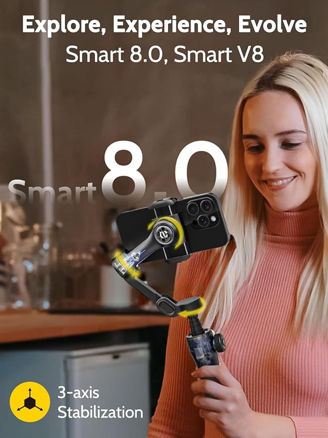 AOCHUAN 3-axis Gimbal Stabilizer for iPhone w/Built-in 7.8' Extension Rod, Smartphone Gimbal w/AI Tracking, Portable Phone Holder for iPhone & Android w/Full-Screen OLED Display, Smart V8(Black)