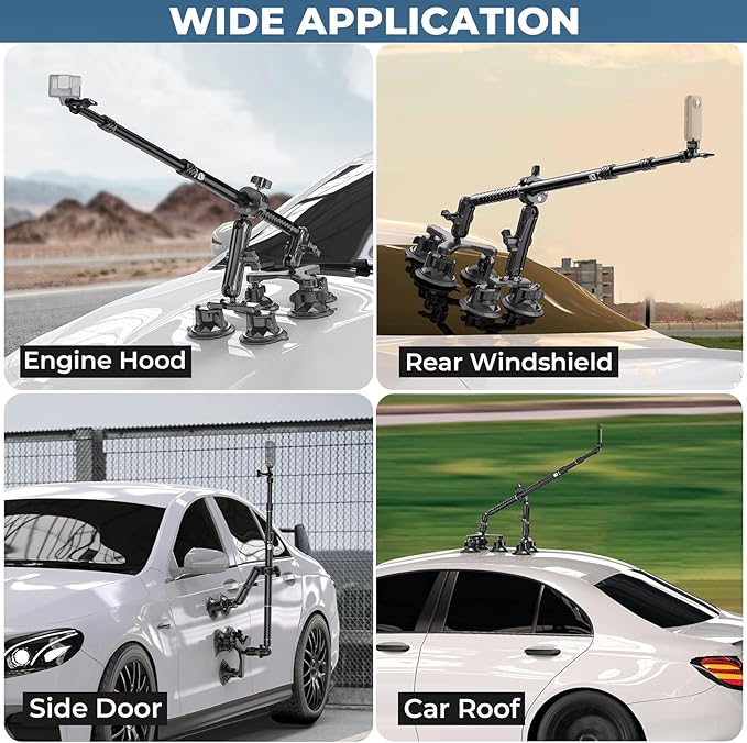 VAZESWIN Suction Cup Car Mount - Aluminum Alloy Extendable Selfie Stick, Five 3.5" Large Suction Cup Car Windshield Camera Mount with Tripod Adapter Compatible with GoPro Insta360 DJI Action Cameras