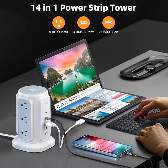 Power Strip Tower, 1625W Surge Protector with 9AC Outlets 5 USB Ports, 6.5 FT Extension Cord Charging Tower for Multiple Devices, for Office Supplies, Dorm Room Essentials for Girls, Guys