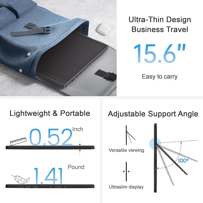 UFYQL Portable Monitor 15.6-inch FHD 1080P Ultra-Slim Travel External Monitor HDR IPS Gaming Display with Kickstand &Speakers USB-C HDMI Plug&Play，for Laptop PC Phone PS4/5 Xbox Switch