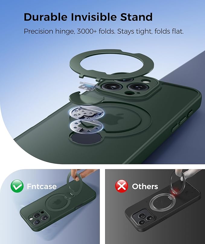 FNTCASE for iPhone 16 Pro-Max Case: [360 Spin Magnetic Stand] [Compatible with Magsafe] [Screen Protector] Translucent Matte Military Grade Shockproof Full Camera Protective Phone Cover - Green