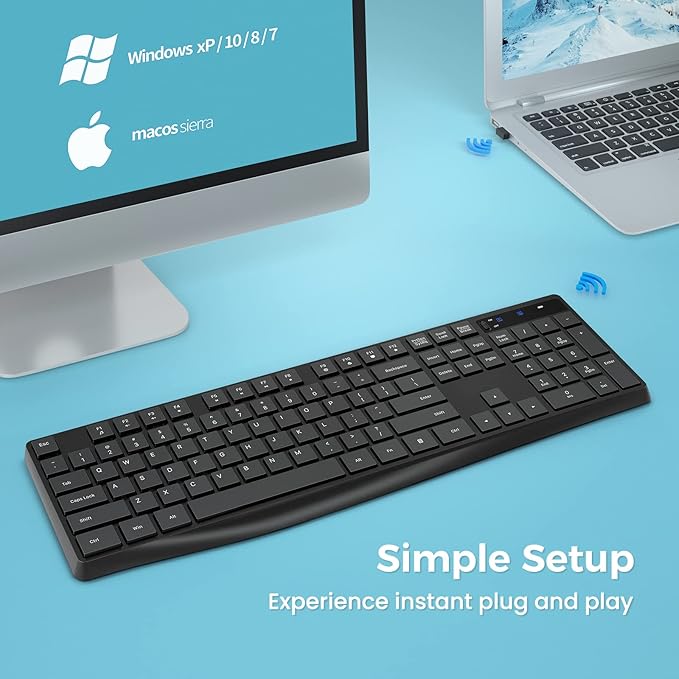 Lovaky Wireless Keyboard MK98, 2.4G USB Computer Cordless Keyboard, Enlarged Indicator Light, Ergonomic Full Size PC Keyboard with Number Pad for Windows, Laptop, Desktop, Chromebook, Notebook, Black