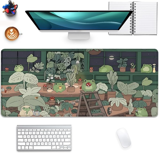 Cute Frog Desk Mat Mouse Pad,Cartoon Frog Desk Pad,Kawaii Green Desk Decor,Desk Mat for Frog Desktop,Stitched Edges Non-Slip Waterproof Rubber Base Mous Mat for Office Home Work Gaming(27.5X11.8 in)
