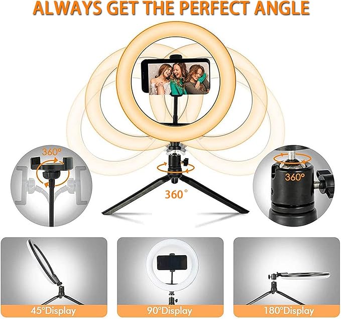 10" Desk Ring Light with Tripod Stand, 3 Light Modes & 11 Brightness Level, Adjustable Selfie Phone Halo Light with Cell Phone Holder for Video Recording, Makeup, Computer Laptop Zoom Meeting