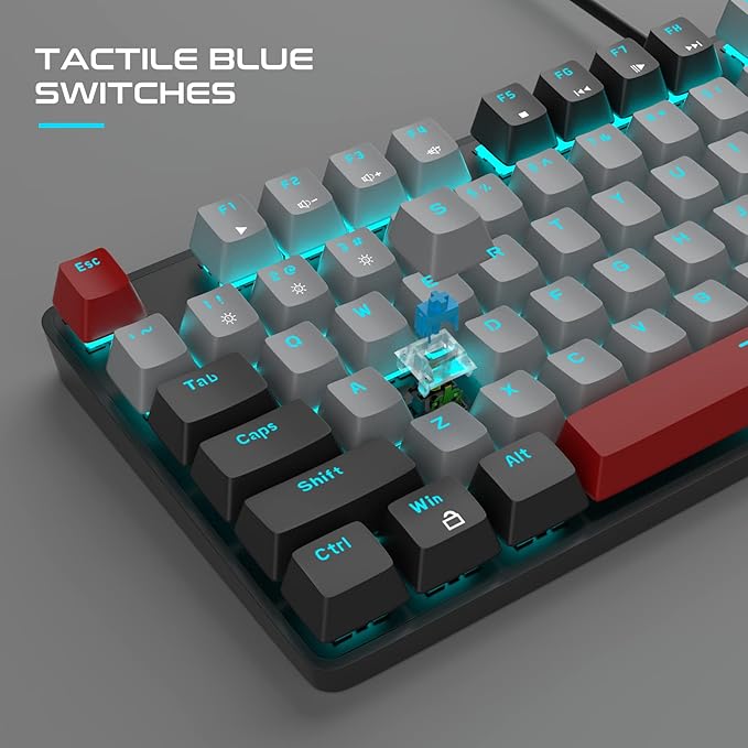 MageGee Mechanical Gaming Keyboard, New Upgraded 104 Keys Blue Backlit Keyboards with Blue Switches, USB Wired Mechanical Computer Keyboard for Laptop, Desktop, PC Gamers(Black & Gray)