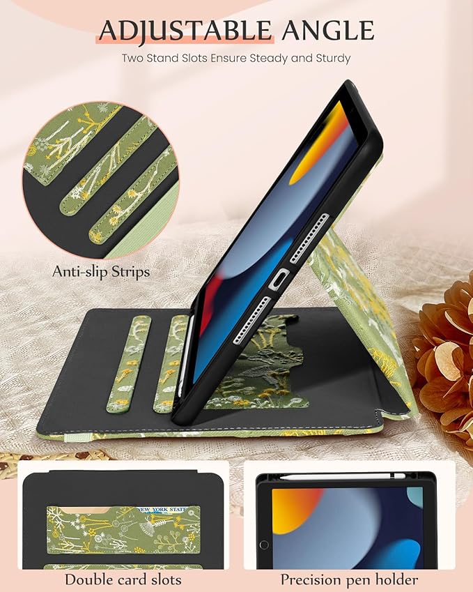Uppuppy for iPad 9th/8th/7th Generation Case 10.2'' - for Women Girls Cute Embroidered Folio Stand Cover with Pencil Holder & Card Slot Girly Kawaii Plants Design Aesthetic Cases for iPad 7th/8th/9th