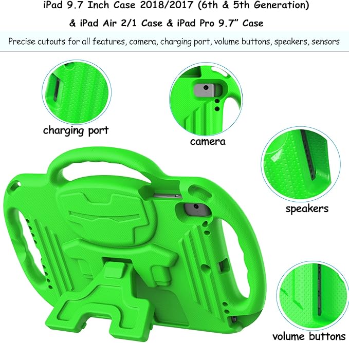 LTROP Kids Case for iPad 5th/6th Generation (2017/2018) & Air 2, Shoulder Strap Handle Stand Shockproof Bumper Cute Kid Case for iPad 9.7 Inch, Green