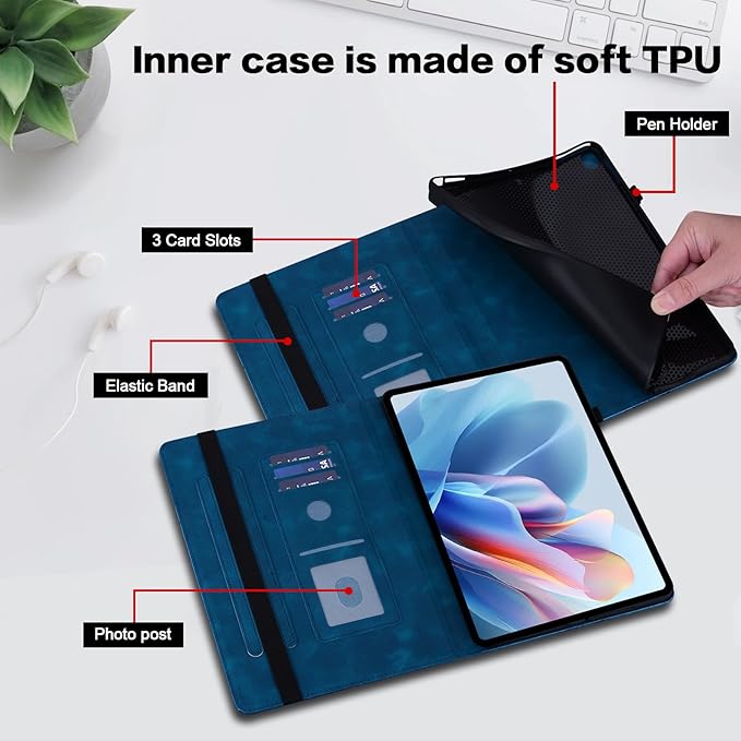 Case for iPad Pro 11 Inch (M5/M4) 2025/2024, Embossed PU Leather Stand Folio Cover with Pencil Holder and Card Slots, Dark Blue
