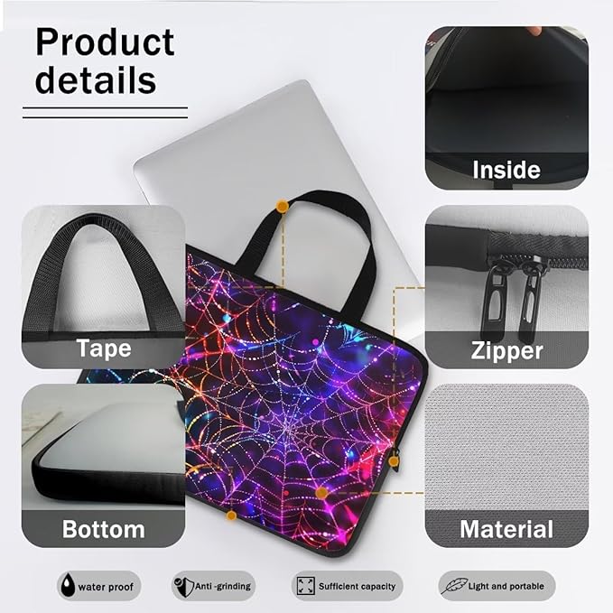 Colorful Spider Cobweb 10 Inch Laptop Sleeve Laptop Cover Computer Bag Tablet Carrying Case with Handle Business Tote Bags Notebook Sleeves Handbag for Halloween Decorations