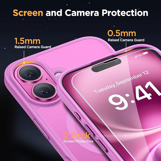 Miracase Magnetic Series for iPhone 16 Plus Case [Compatible with MagSafe] [with 2X Screen Protectors] Military-Grade Protection, Anti-Fingerprint, Slim Phone Case for 16 Plus 6.7 inch - Light Purple