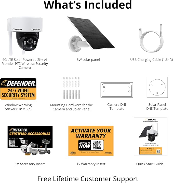 Defender 4G LTE 2K+ AI Frontier PTZ Wireless Outdoor Security Camera, 5W Solar Panel, 360° AI Tracking, Deterrence, 2 Way Talk, 9400maH Battery, Works with Empower App, eSIM Included
