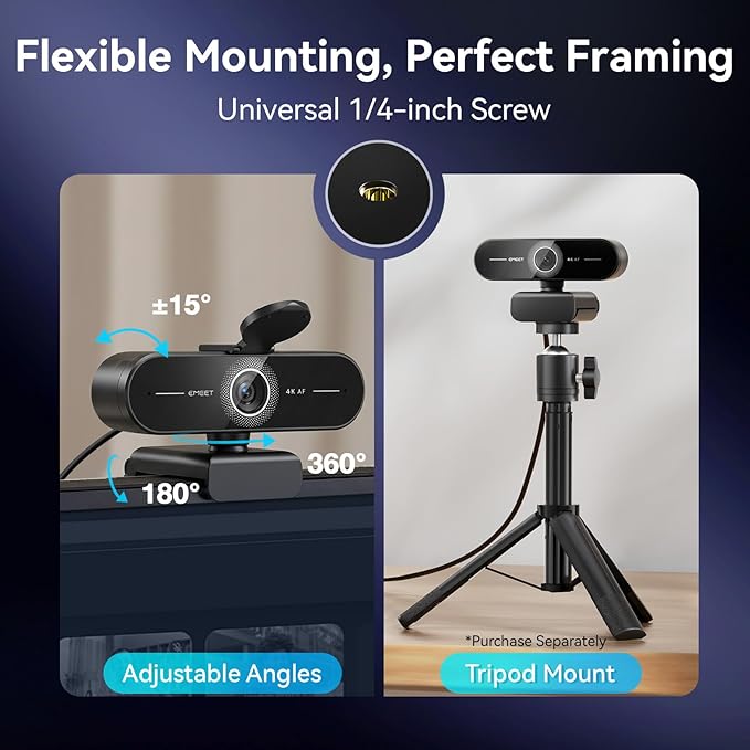 EMEET C60E 4K Webcam for Streaming & Gaming – PDAF Autofocus, Dual Mics, Live Streaming Camera with Auto Light Correction, Plug & Play USB Webcam for PC & Mac