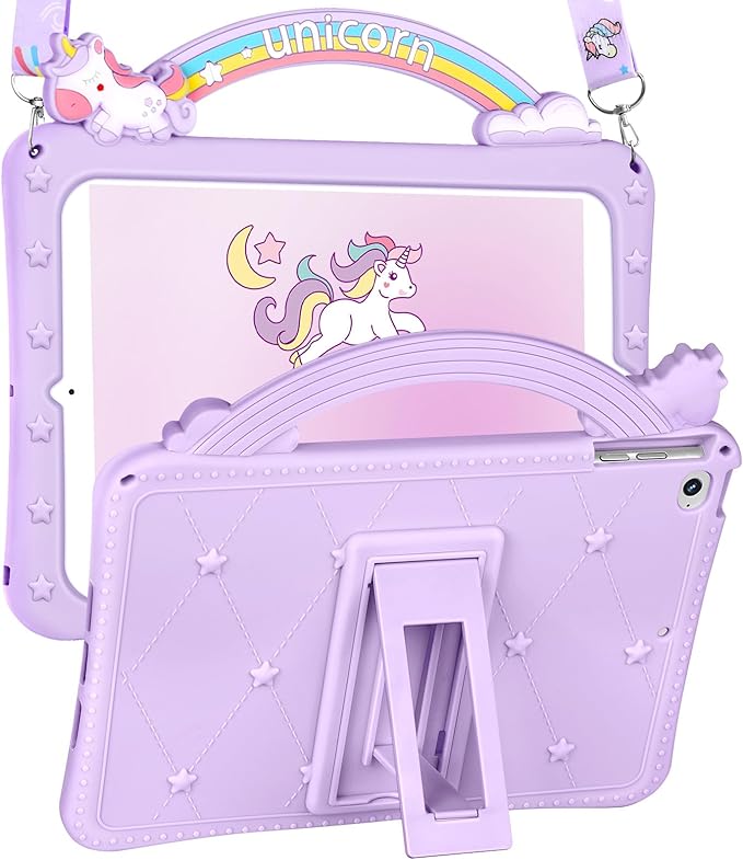 Wazzasoft for iPad mini 4/5 Case 7.9 Inch Girls Cute Girly Cartoon Kawaii Pretty Purple Design Cover with Stand & Strap Unique Women Teens Silicone Funda for Apple iPad mini 5th/4th Gen (2019/2015)