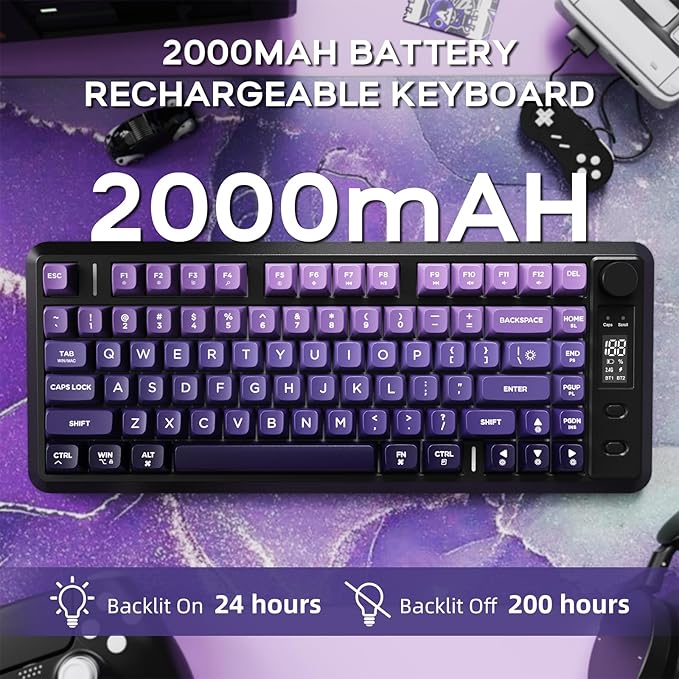 FREEWOLF M75 Wireless Gaming Keyboard Mechanical Feel Membrane with Knob & OLED Display Bluetooth/2.4Ghz Rainbow Backlit Gradient PBT Keycaps 2000mAH Battery Anti-Ghosting-Purple