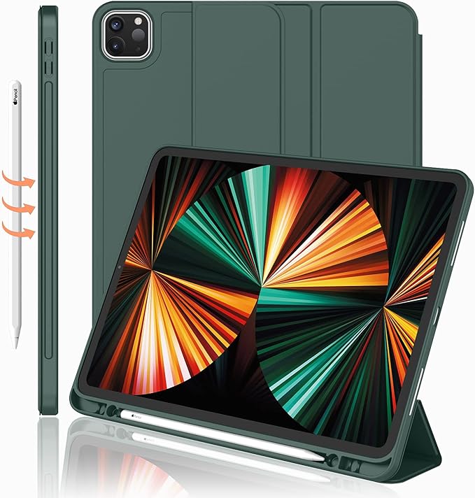 iMieet New iPad Pro 12.9 Case 2022(6th Gen)/2021(5th Gen) with Pencil Holder [Support iPad 2nd Pencil Charging/Pair],Trifold Stand Smart Case with Soft TPU Back,Auto Wake/Sleep(New Midnight Green)