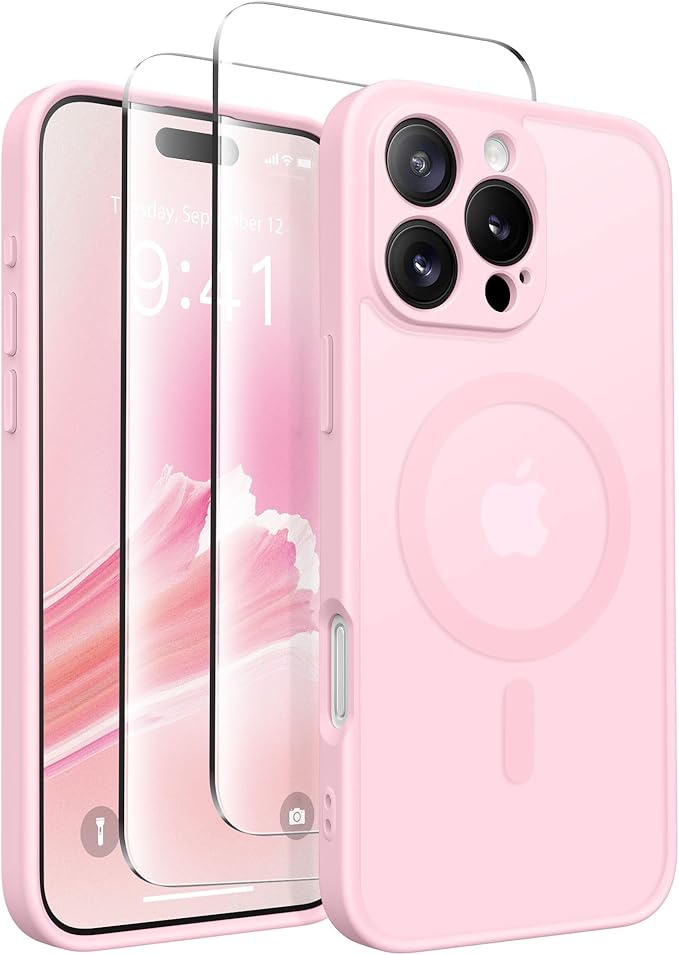 CAPRARO Magnetic Compatible with iPhone 16 Pro Case, Upgraded [Full Camera Protection] [Compatible with MagSafe] Protective Translucent Matte Women Girl Phone Case Cover, Pastel Pink
