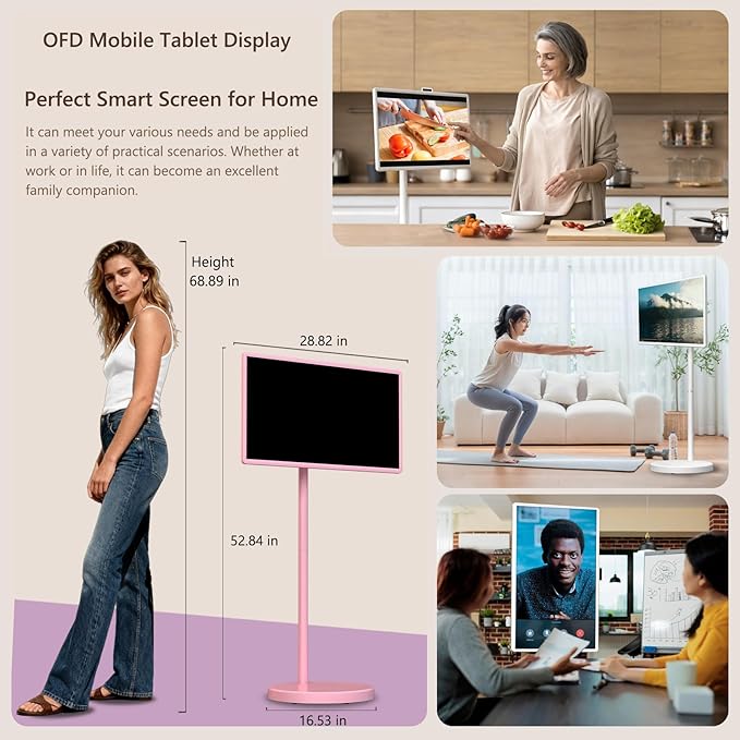 OFD 32" Portable TV on Wheels FHD,Android15 OS,Touchscreen TV with 8+128GB Storage,Rolling TV Built-in Battery 6-8H Play Time,Portable TV Tablet with Remote & Vioce|8MP Webcam|Speaker,Fully Rotatable