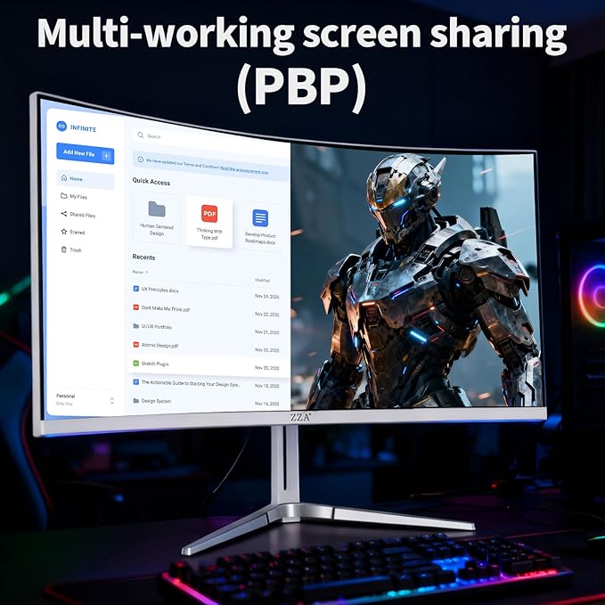 ZZA 34'' Gaming Monitor-165Hz/180Hz WQHD (3440x1440P) Ultrawide 34 White Curved Monitor,FreeSync for Tear-Free Gaming,120% sRGB, HDMI 2.1 & DP 1.4,PBP Mode,Wall Mountable
