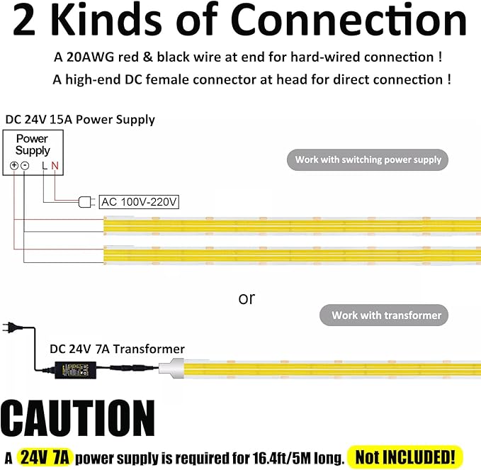 JOYLIT 24V COB LED Strip Lights 5000K Daylight White Dual Row 16.4ft 1006LM/FT Ultra Bright CRI 95+, UL Listed PRO 7.6W/FT 960LEDs/M High Density 12MM Wide Adhesive Tape Light Task Lighting