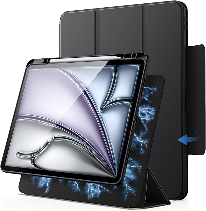 JETech Magnetic Detachable Case for iPad Air 13-Inch M4/M3/M2 (2026/2025/2024) with Pencil Holder, Removable Rotating Clear Cover, Portrait/Landscape Stand with Raised Screen View (Black)