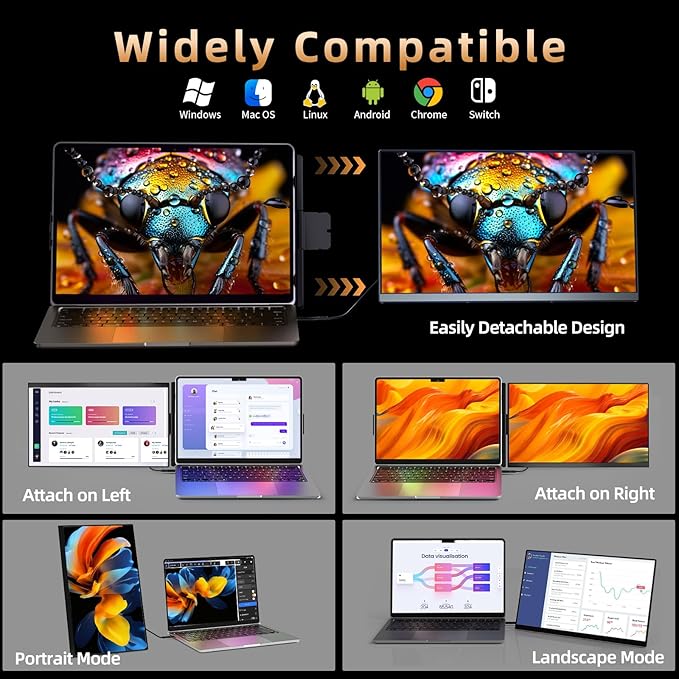 Laptop Screen Extender 15.6" 120% sRGB - FHD 1080P IPS Dual Laptop Monitor Extender with Detachable Screen, Second Monitor for 13"-17.3" Laptops, Plug-Play for Windows Mac Android Chrome