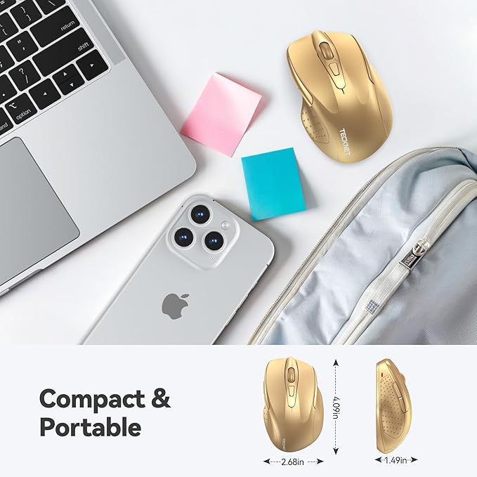 TECKNET Wireless Mouse, 2.4G Ergonomic Optical Mouse, Computer Mouse for Laptop, PC, Computer, Chromebook, Notebook, 6 Buttons, 24 Months Battery Life, 2600 DPI, 5 Adjustment Levels - Gold