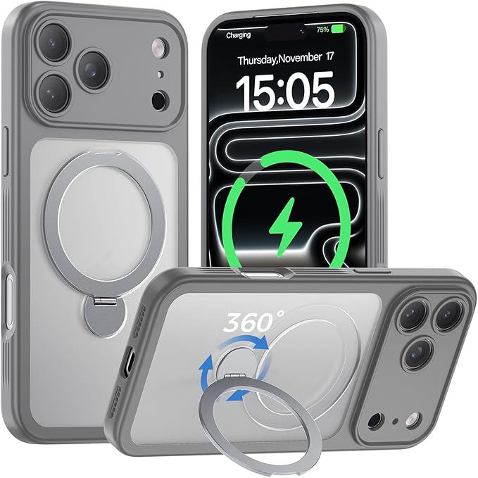 for iPhone 17 Pro Max Case [ 360° Spin Magnetic Stand] [Full Camera Protection] Compatible with Magsafe, 15FT Military-Grade Protection, Translucent Matte Anti-Slip Phone Case 6.9'', Gray