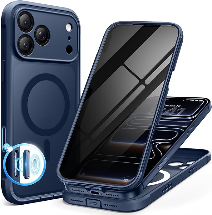 BERFY for iPhone 17 Pro Case, Compatible with MagSafe, Built-in Privacy Screen Protector, Camera Protection, Shockproof Full Body Phone Case 6.3", Translucent Deep Blue
