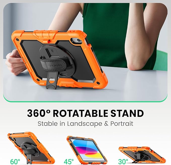 SEYMAC Case for iPad (A16) 11th/10th Generation 2025/2022 (11″/10.9″), Sturdy Heavy Duty Full-Body Shockproof Protective Case with Screen Protector, Rotating Stand, Hand/Shoulder Strap, Black/Orange