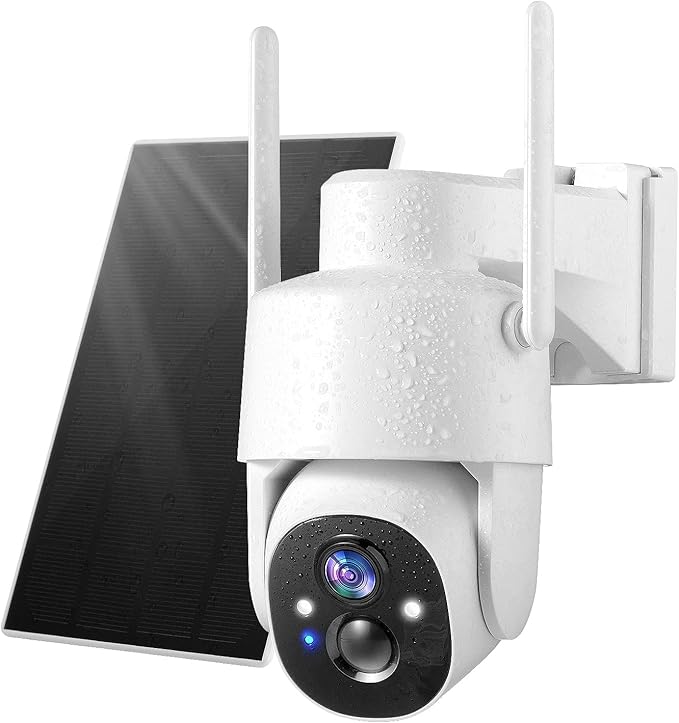 GMK Solar Security Cameras Wireless Outdoor, 2K Pan Tilt 360° View Battery Powered 2-Way Talk Outdoor Camera Wireless 3MP PTZ WiFi Surveillance Cam Cloud/SD Storage Color Night Vision Spotlight/Siren