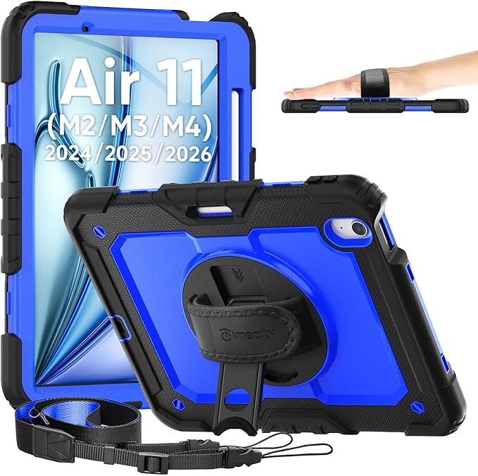 timecity Case for iPad Air 11 Inch M4 / M3 / M2 (2026/2025/ 2024), 360° Rotating Stand, Pencil Holder & Wireless Charging, Shockproof with Screen Protector & Shoulder Strap - for Designers, Dark Blue