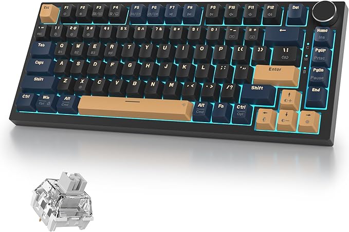 400PRO 75% Wireless Black Blue Gaming Keyboard, Gasket Hot Swappable RGB Mechanical Keyboard, Bluetooth/2.4GHz/USB-C Thocky Keyboard with Pre-lubed Cream Grey Switches (82 Black Blue-B)