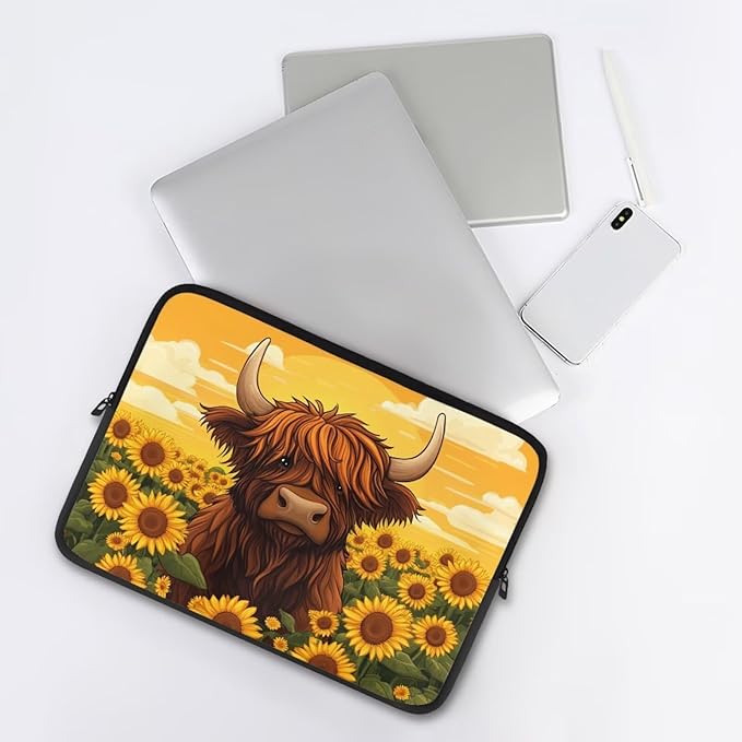 Highland Cow Laptop Protective Sleeve for Women 15inch Computer Sleeve Bag Sunflower Portable Lap Top Case Suitable for Travel School Office Neatly Organizers Brown