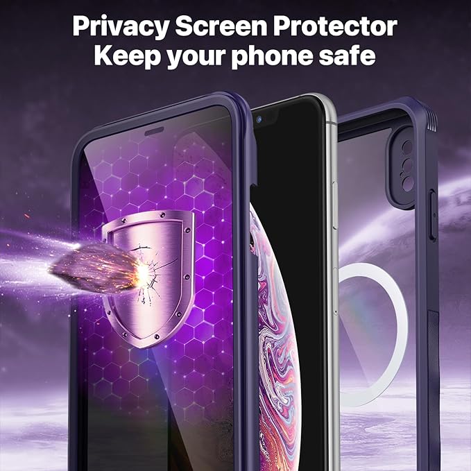 CENHUFO Privacy Magnetic for iPhone Xs Max Case, Full Body Phone Case Built-in 9H Tempered Glass Privacy Screen Protector [Compatible with Magsafe] Shockproof Protective Bumper Clear Cover - Purple