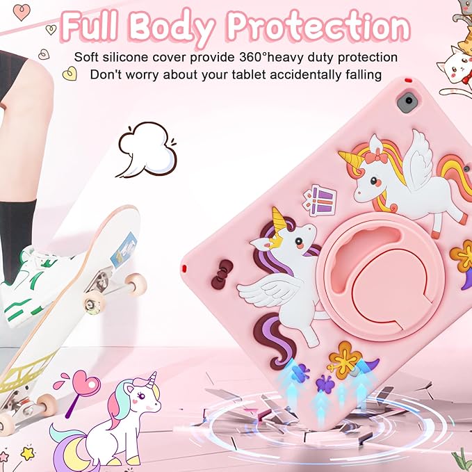 HianDier for iPad 9th Generation Case/iPad 8th Generation Case/iPad 7th Generation Case Cute Unicorn Silicone Tablet Cover with Detachable Strap and Rotatable Stand Shockproof Cover-Pink