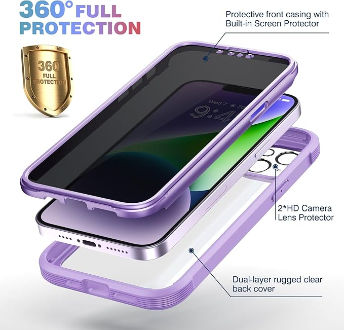 Diaclara Designed for iPhone 14 Case 6.1 Inch,Upgraded Full Body Rugged Clear Bumper Case with Built-in Privacy Screen Protector for iPhone 14,Purple